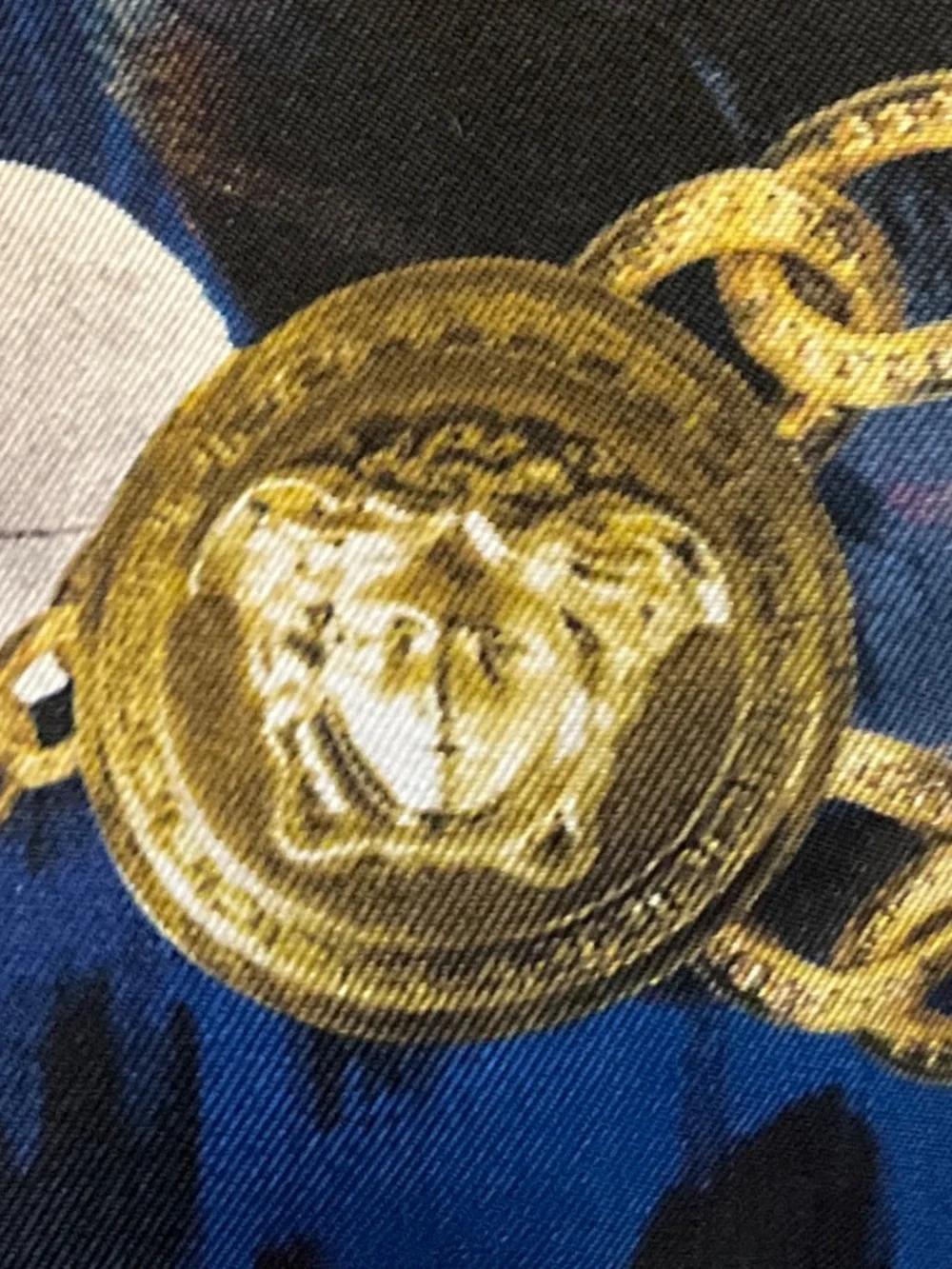 VERSACE BLUE / GOLD MULTI LEOPARD, FEATHER, AND MEDUSA MEDALLION CHAIN PRINT SQU